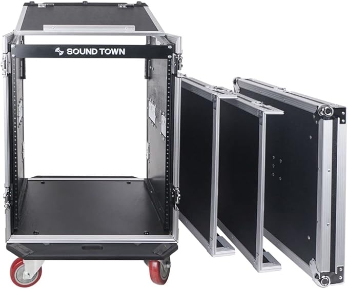 Sound Town Heavy-Duty 1/2" (12mm) Plywood 14U PA DJ Pro Audio Rack/Road ATA Case with 11U Slant Mixer Top, Locking Drawer, Side Table, 20’’ Rackable Depth and Casters (STMR-14TD3)