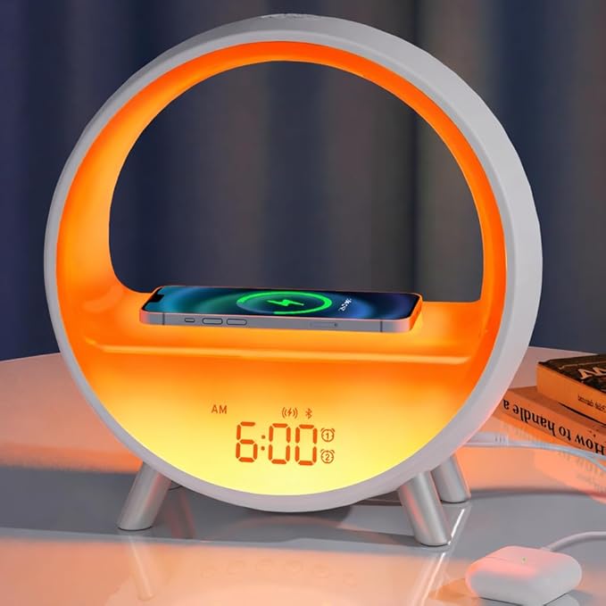 MOMILLA Sunrise Alarm Clock with Wireless Charging Station, Bluetooth Speaker, White Noise Sound Machine, Night Lights Table Lamp, Alarm Clocks for Heavy Sleepers Bedrooms Kids/Baby/Adults
