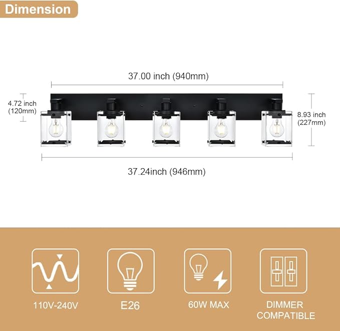 WINSHEN 5-Light Modern Vanity Lighting, Black Bathroom Light Fixture Over Mirror with Rectangular Clear Glass,E26 Bulb Base