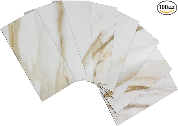 AULIGET 100-Piece Calacatta Gold Marble Look Peel and Stick Backsplash Wall Tiles, 3" x 6" Faxu Stone PVC Stick on Tile for Backsplash Kitchen, Bathroom, Laundry Room, Camper, Fireplace