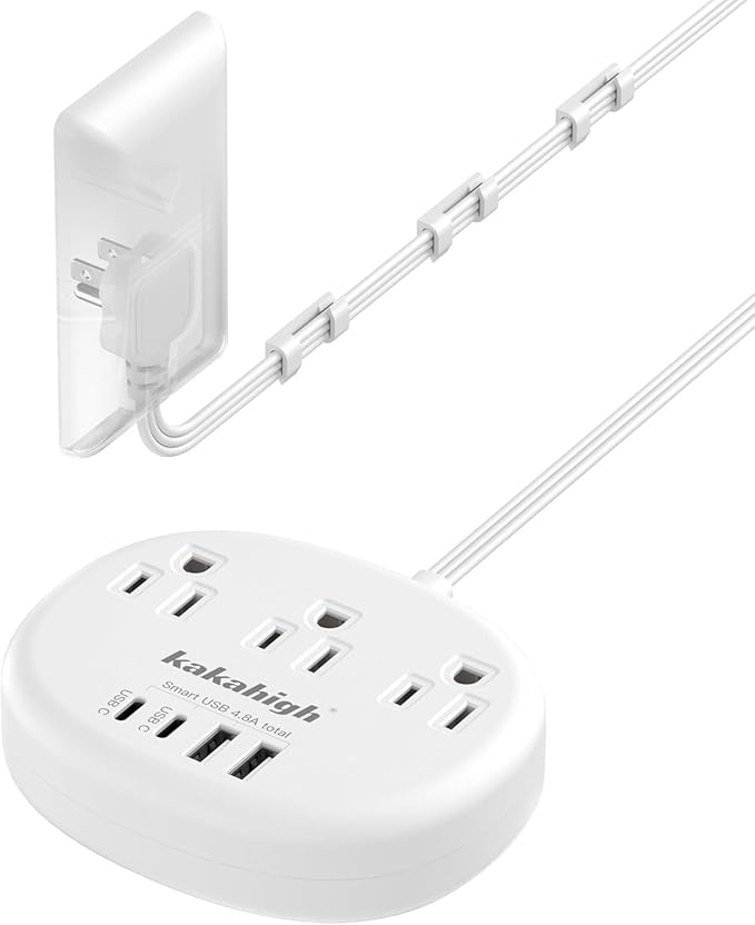 Flat Extension Cord with Outlet Cover & Cable Clips- 10 FT, 1625W Child Proof Extension Cord with 3 AC Outlet 4 USB (24W/4.8A), Flat 90 Degree Power Strip for Behind Furniture Couch Sofa TV, etc