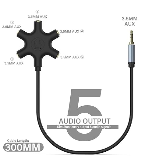 5-Jack Multi-Headphone Audio Splitter Injection Molding - Designed for Up to 5 Devices