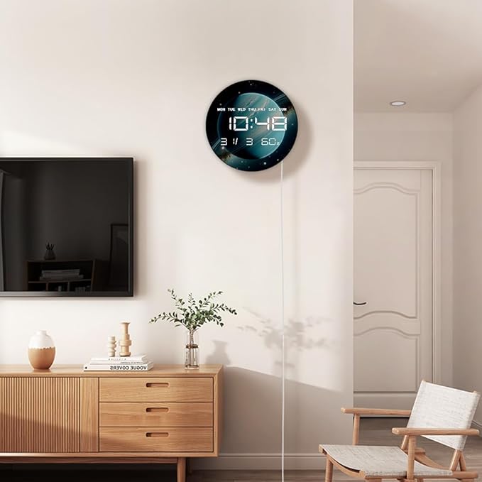 Timethink 12'' Planet Uranus Digital Wall Clock Large Display, Space Solar System Smart Wall Clock Electric Clock with Temperature, Date, 12/24hrs, Automatic Dimming, Plug in LED for Living Room