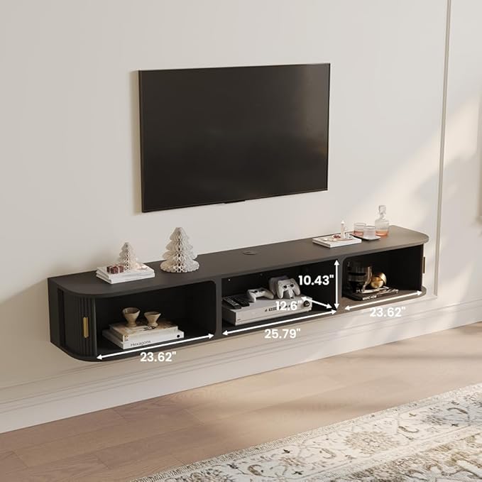 POVISON Mid-Century Modern Floating TV Stand with Sliding Tambour Doors, Fully-Assembled Wall Mounted Media Console for Living Room, Entertainment Center with Open Storage for 75 Inch TV