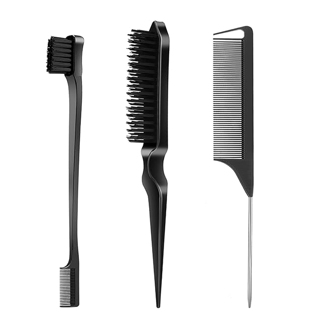 SWEET VIEW 3 Pcs Slick Back Hair Brush, Rat Tail Comb, Edge | Bristle Brush, Hair Accessories for Girls, Kids, Toddlers Sleek Ponytail/Bun, Edge Control and Smoothing Baby Hair & Flyaways