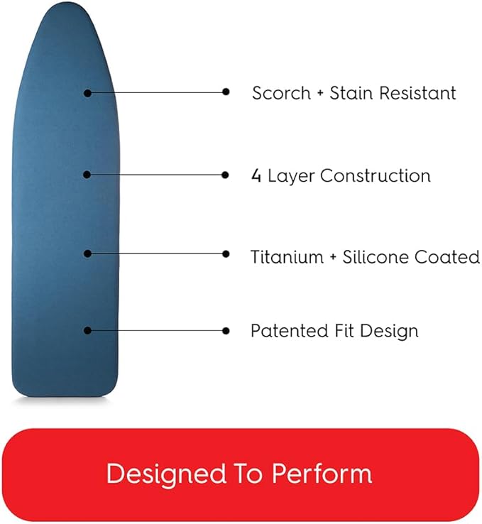 TIVIT Ironing Board Cover 17 x 56, Performance Grade Titanium Coated Pro Grip Pad & Covers - Superior Scorch & Stain Resistance, High Heat Reflection, 3 Padded Layers 3 Fastener Straps - Made In Italy
