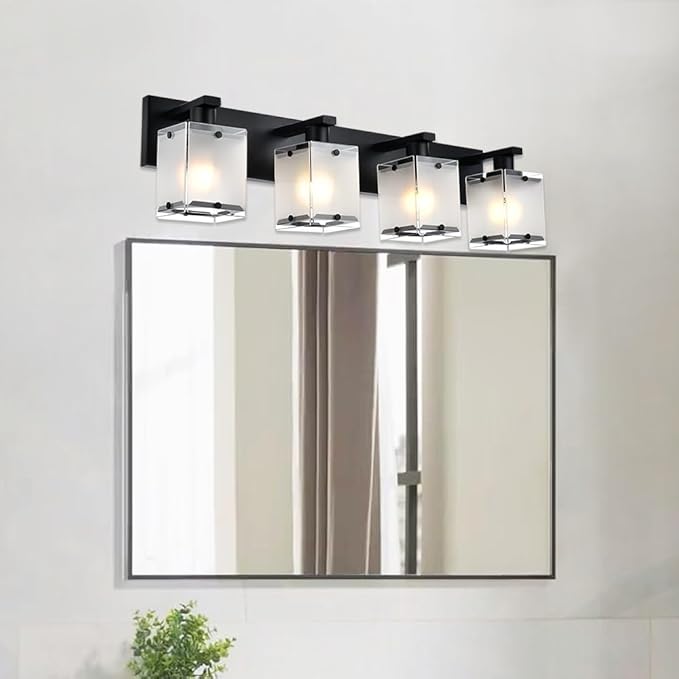 WINSHEN 4-Lights Bathroom Vanity Lighting Over Mirror, Black Bathroom Wall Light Fixtures with Frosted Rectangular Glass Shade for Bath Living Room, E26 Bulb Base