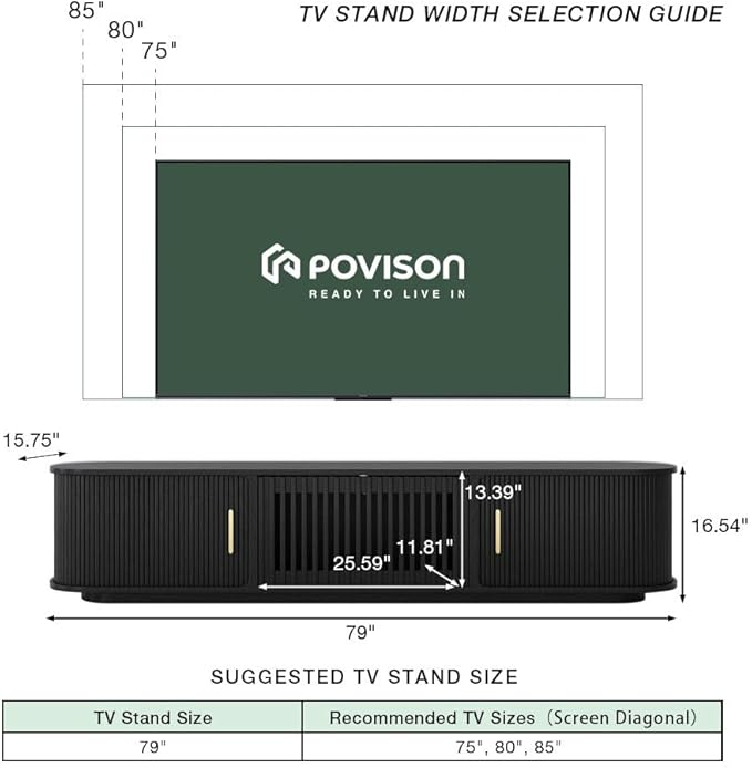 POVISON Fully-Assembled Mid Century Modern TV Stand, Sliding Tambour Door Entertainment Center with Storage, Wood TV Console, Media Console for Living Room Bedroom(Black, 78.74")