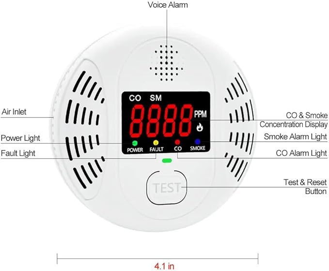 Carbon Monoxide Detector and Smoke Alarm Combined with AA Battery Powered high-Definition Color Screen Detector LCD Digital Display for Home Office Kitchen Hotel Bedroom Voice Alarm 2PACK