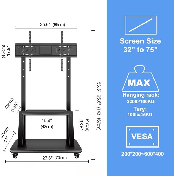 Hellsehen Mobile TV Stand,Rolling TVs Cart on Wheels Height Adjustable Heavy-Duty Floor Stand Base for 32-75 Inch LCD LED OLED Flat Panel Screens Smartboard Movable Holds up to 220lbs with Shelf