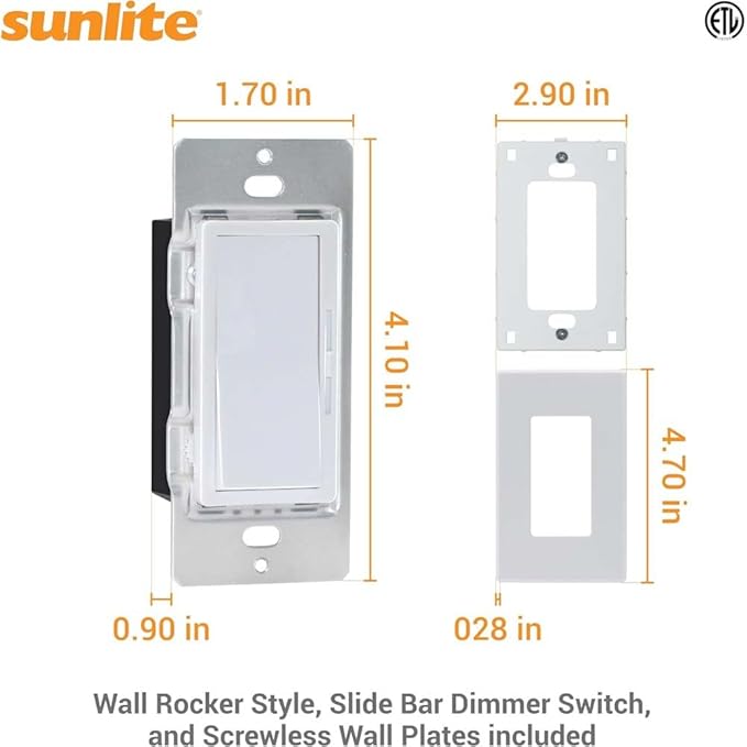 Sunlite LED Wall Rocker Style, Slide Bar Triac Dimmer Switch, Screwless Wall Plates Included, Single Pole or 3-Way Switching, 120 Volts, 200W Max for LED, 600W Max for Incandescent, White, 1 Pack