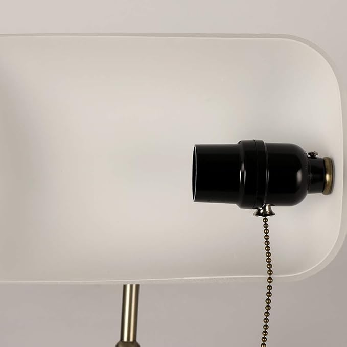 Newrays Glass Bankers Desk Lamp with Pull Chain Switch Plug in Fixture,Satin Brass Finish (White)