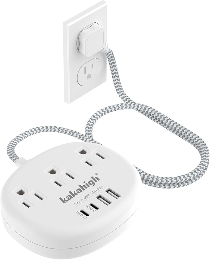 Small Extension Cord with USB C - 5 FT Short Extension Cord, 1625W 3 Prong Power Strip with 3 AC Outlet 4 USB (24W/4.8A), Bedside Charging Station for Home Office Dorm Room Essentials