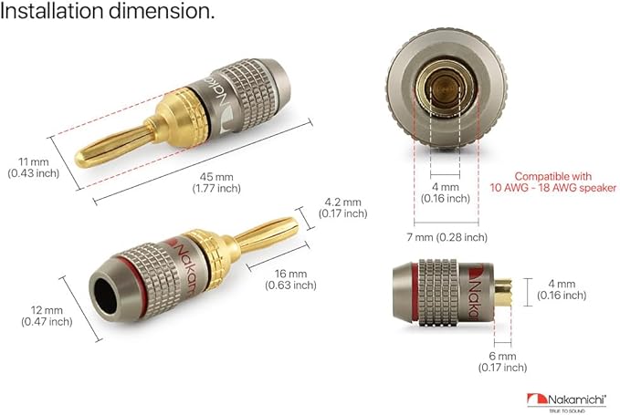 Nakamichi FanLock Excel Series 24k Gold Plated Banana Plugs 10 AWG - 18 AWG Gauge Size 4mm for Speakers Amplifier Hi-Fi Stereo Home Theatre Radio Audio Wire Cable Quick Connector, 36 Pcs (18-Pairs)