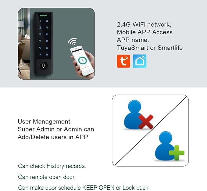 MENGQI-CONTROL WiFi Remote Manage IP66 Watreproof Access Control Keypad 600lbs Magnetic Lock Request to Exit PIR Motion Sensor Smart Phone App Remote ADD/Delete User