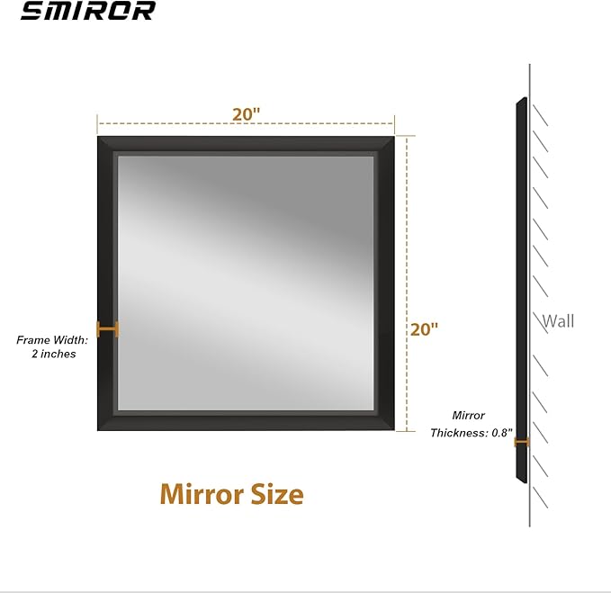 SMIROR Matte Black Bathroom Mirror for Over Sink 20x 20 inch, Metal Thick Frame Rectangle Vanity Mirror for Wall, Anti-Rust, Horizontally or Vertically Mounted