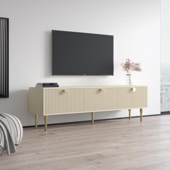 Meble Furniture Dorset 01 TV Stand - Modern Rectangular TV Stand with Storage Cabinets - Media Entertainment Center Console Table for TV Up to 80" - Magnolia