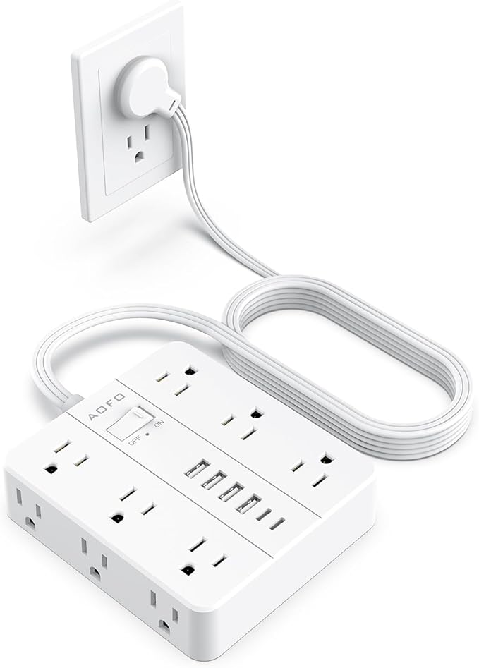AOFO 10FT Surge Protector Power Strip,12 AC Outlets with 6 USB Ports (2 USB-C), Flat Plug Extension Cord with Multiple Outlets, Wall Mount for Home Office,Dorm,White
