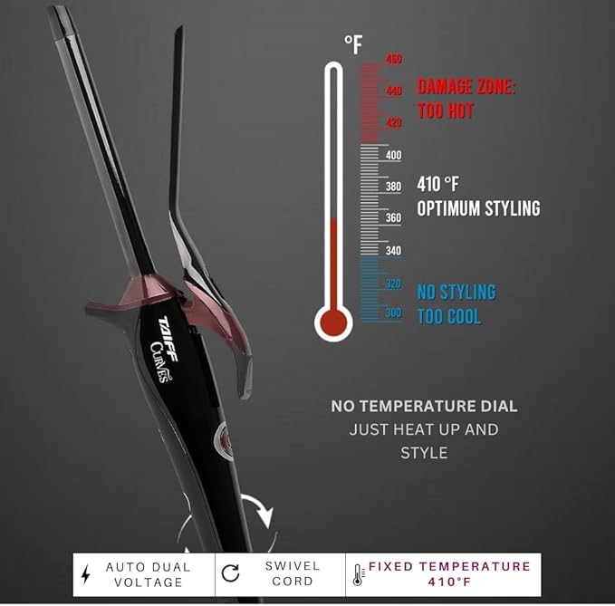 TAIFF Curves Professional Black Titanium Curling Iron – High-Performance Hair Curler & Rizadora para Cabello with Dual Voltage | Fixed Temperature 410°F | 1/2”