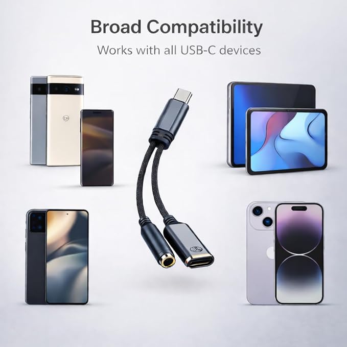 Mizi [2025 Upgraded USB-C to 3.5mm Headphone & Charger Adapter – 2-in-1 Type-C Audio Dongle with Hi-Res DAC & Fast Charging – Compatible with iPhone 16/15, Galaxy S25/S24, Pixel, iPad - Grey