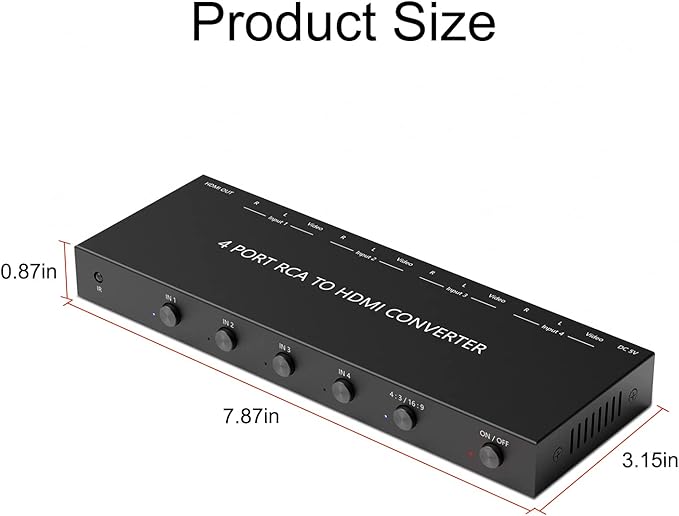 Azduou 4 AV to HDMI, 1080P/720P 4 Way RCA Composite CVBS AV Switch to HDMI Converter Adapter Support 4:3/16:9 Switching, for Sega Xbox PS1 PS2 PS3 N64 NGC SNES WII VHS VCR Camera DVD （with Remote）