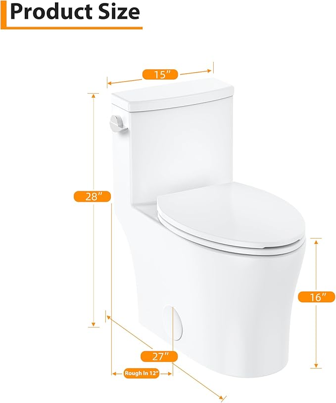 One-Piece Toilet for Bathroom, Comfort Height 16", Elongated with Under-Locking Lid, Soft Close Seat, Dual Flush, Powerful Flush
