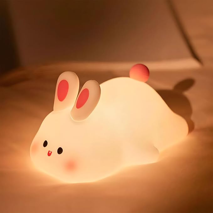 Rytinazzz Big Face Rabbit Night Light, 3-Level Pat Control & Cute Squishy Lamp for Kids Room, USB Rechargeable with Timer, Valentines Gifts