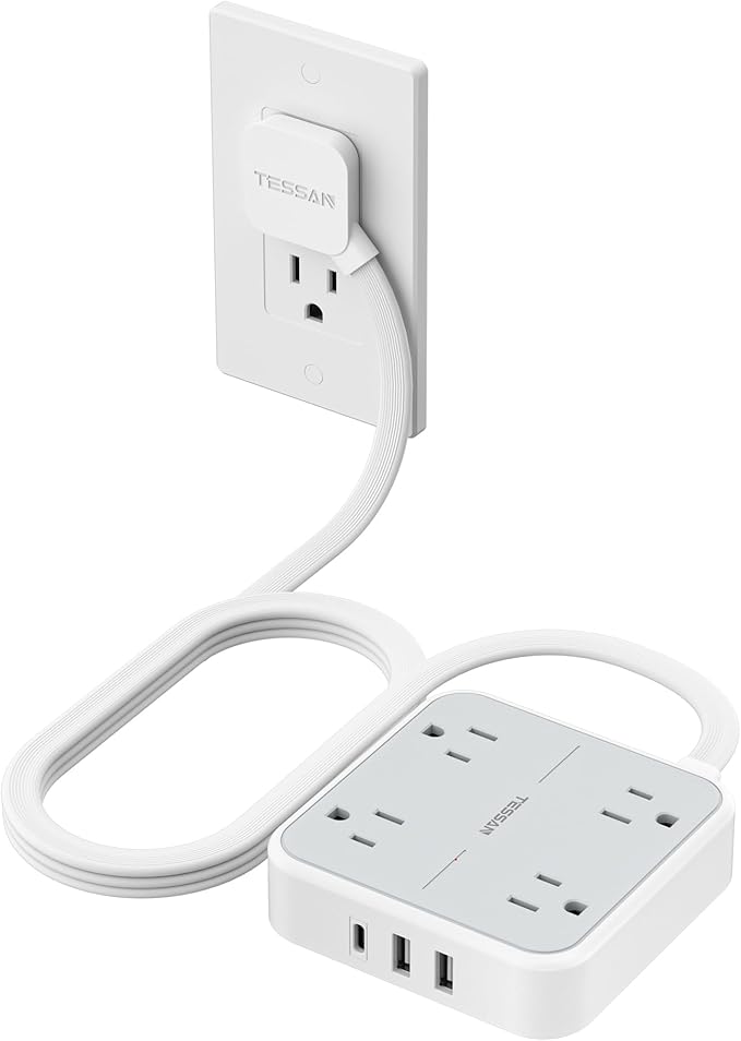TESSAN Surge Protector Power Strip, 5 Ft Flat Plug Extension Cord with 4 Outlets 3 USB C Ports (1 USB C),900 Joules, 1875W 15A, Multiple Wall Outlet Extender Suitable for Office, Dorm Room Essentials