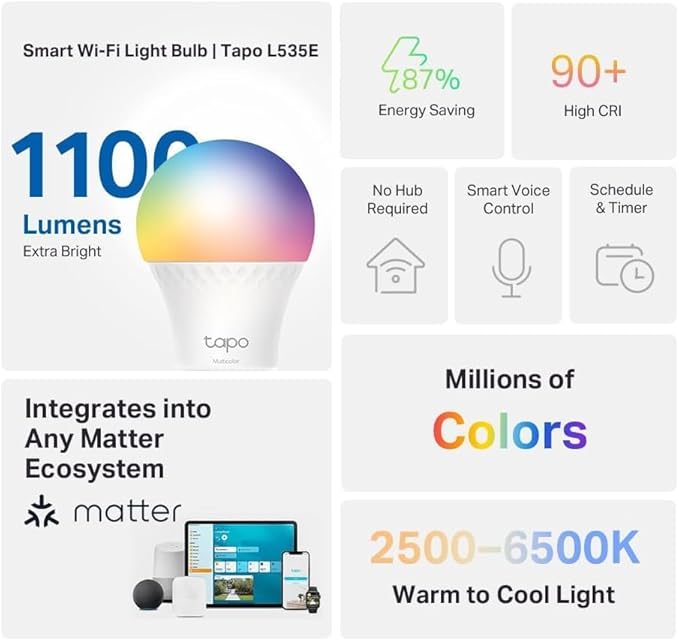 TP-Link Tapo Smart Light Bulbs, 1100 Lumens High Brightness, Matter-Certified - Image 2