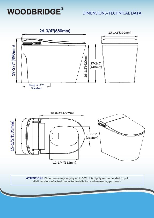 WOODBRIDGE ADA Height Smart Toilet – Auto Lid Open/Close, Foot Sensor, Zero Pressure System, Aromatherapy System, Self-Cleaning Nozzle, Multi-Function Washing & Warm Air Dry