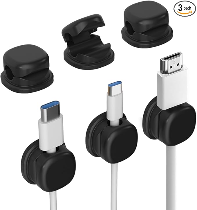 Magnetic Cord Organizer Holder, Upgrade Cord Holder for Nightstand, Adhesive Wire Cable Clips Management Kit for Phone Charger, Computer, Home, Office, Desk, Nightstand (Black, 3 Packs)