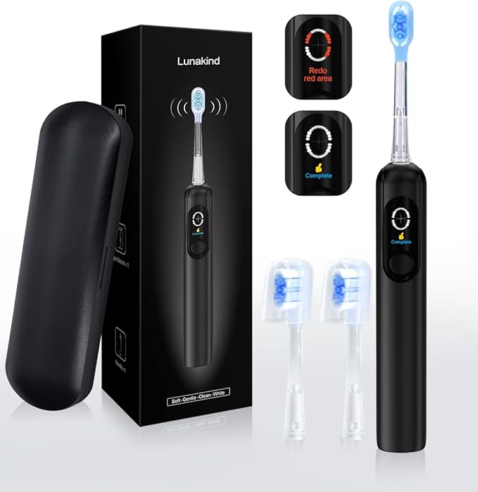 lunakind Sonic Toothbrush with Travel Case, Electric Toothbrush, AI Smart Display, 4 Modes with Missed Spot Detection, Pressure Sensor, 2 Mins Timer, 40° Oscillating 52000 VPM, 2 Brush Heads, IPX7