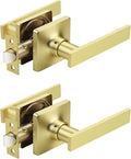 Mengico 2 Pack Passage Door Levers Gold Finish, No-Locking Keyless Square Door Knob, Interior Door Handles for Closet and Hallway, Reversible for Left & Right Handed