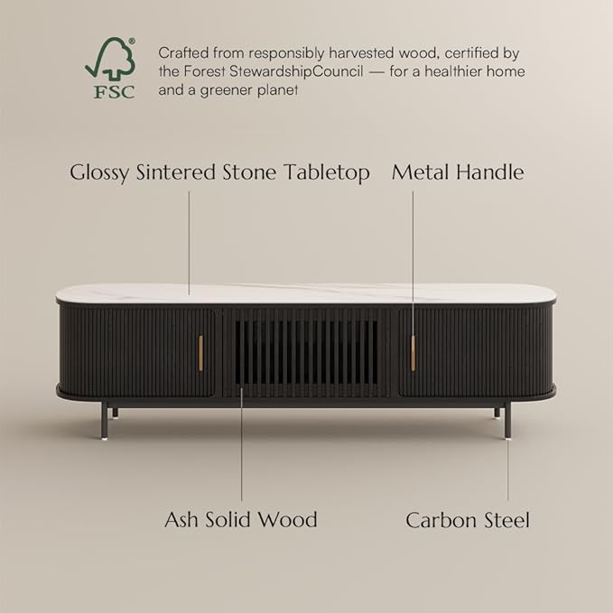 POVISON Fully-Assembled Mid Century Modern Black TV Stand with White Glossy Sintered Stone Tabletop & LED Lights, Rolling Door Media Console, Wood TV Console for Living Room