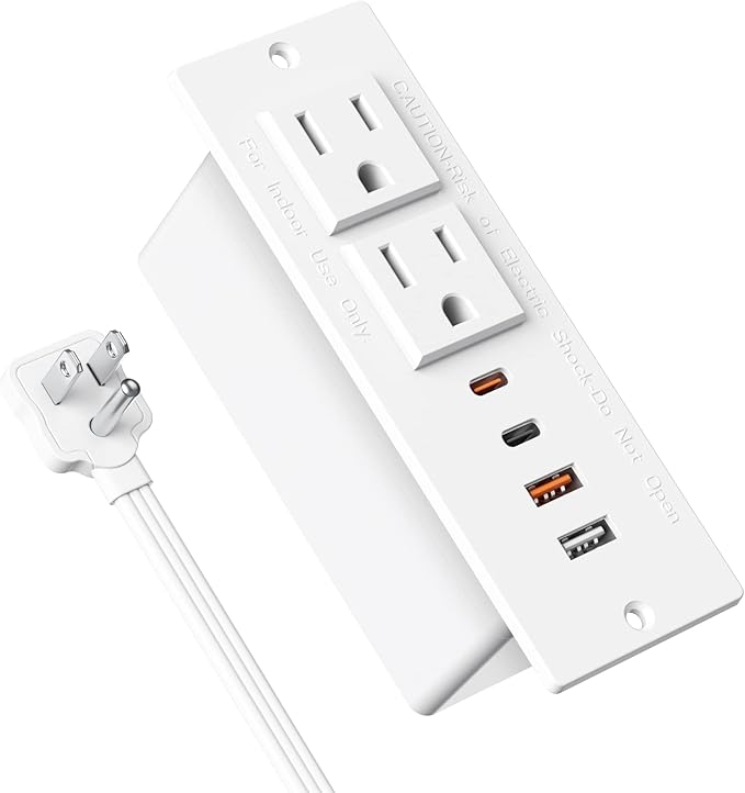 30W USB C Recessed Power Strip,Flat Plug Power Strip,2 Outlets 4 USB Ports,Furniture Flush Mount Desk Outlet,Recessed Outlet for Side Table/Sofa Table,10ft Cord White