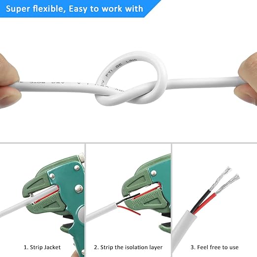 18 Gauge 2 Conductor Electrical Wire, 65.6FT White Stranded Low Voltage 18/2 PVC Case, 18 AWG Tinned Copper 2 Wire Extension Power for Strips LED Lamp Lighting