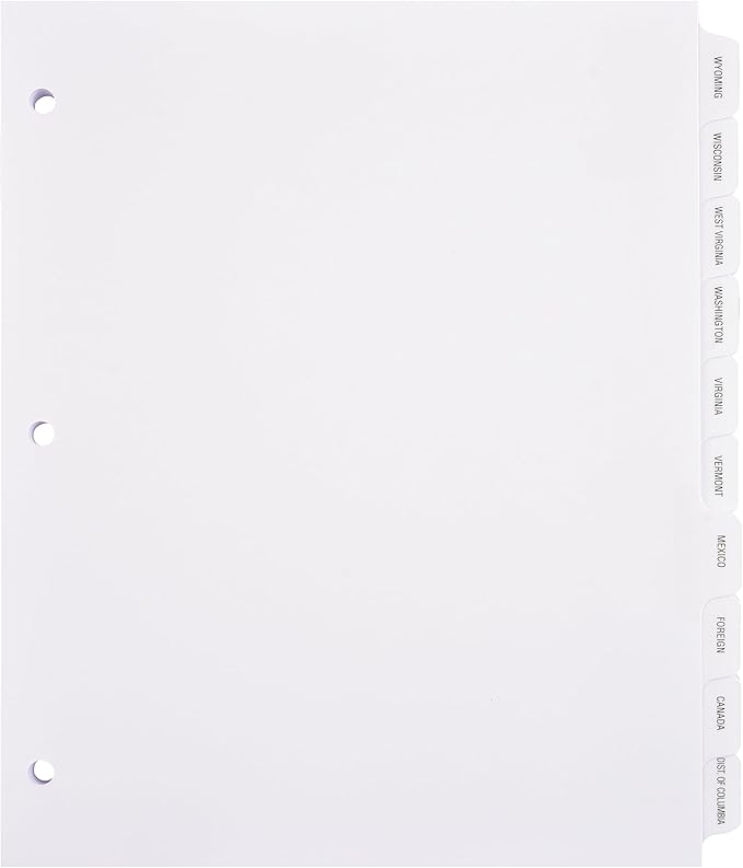 Exhibitindexes® State Divider Tabs/Indexes 3 Hole Punched