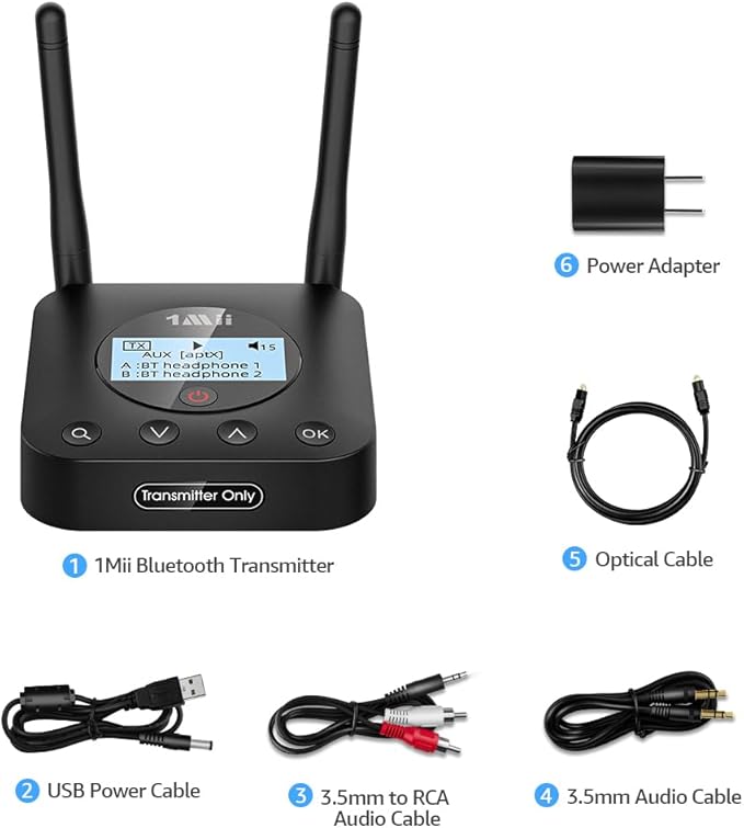 1Mii B06TX+ Long Range Bluetooth 5.2 Transmitter for TV/PC/Projector to 2 Wireless Headphones/Speakers, Bluetooth Adapter for TV w/Screen Display, Plug n Play, aptX Low Latency & Adaptive & HD Audio