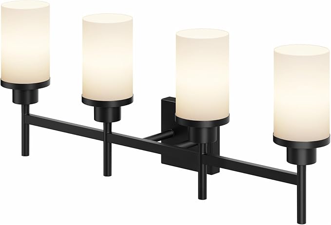 AONEON Wall Light Fixtures 4-Light Over Mirror, Matte Black Vanity Lights with White Frosted Glass Shade, Wall Sconces for Bathroom Kitchen T001MB-L4