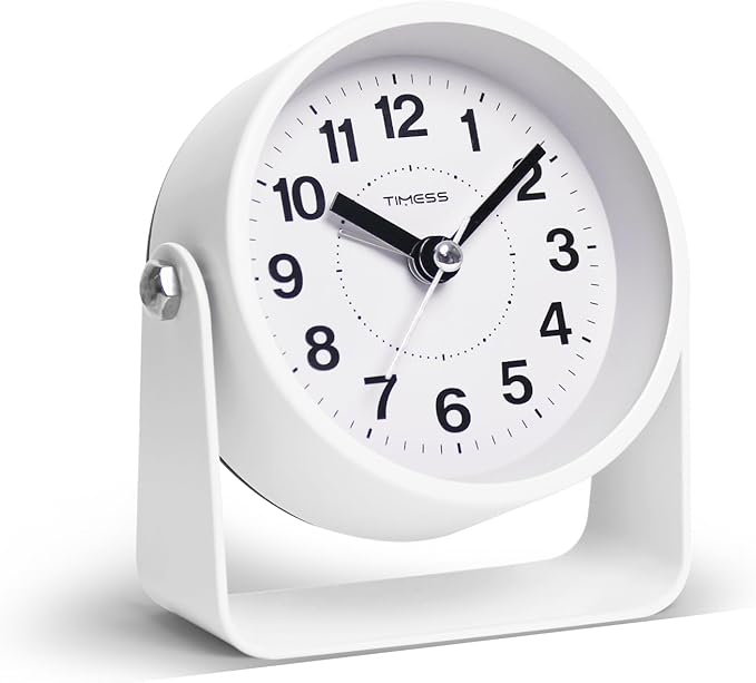 TIMESS Analog Alarm Clock, Silent Non-Ticking Quartz Movement, Battery-Operated with Snooze & On-Demand Light, Easy to Set Gentle Wake Bedside Desk Clock, Ideal for Home, Travel, Office (White)