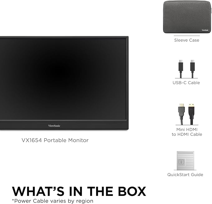 ViewSonic VX1654 16 Inch 1080p IPS Portable Gaming Monitor with 144Hz, AMD FreeSync, 2 Way Powered 60W USB C, Mini HDMI, and Built-in Stand with Protective Cover