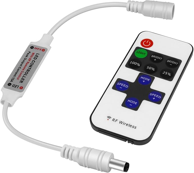 RF Mini Wireless Remote Controller for Single Color 3528 5050 LED Strip Lights, Wireless Remote Control with White DC Connector, RF Dimmer for 12V DC LED Ribbon, Shelf Lights（2 Park）