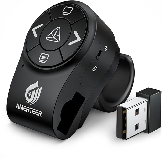 AMERTEER Bluetooth Wireless Presentation clicker for PowerPoint presentations, RF 2.4GHz Finger Ring Remote, PPT Slides Rechargeable