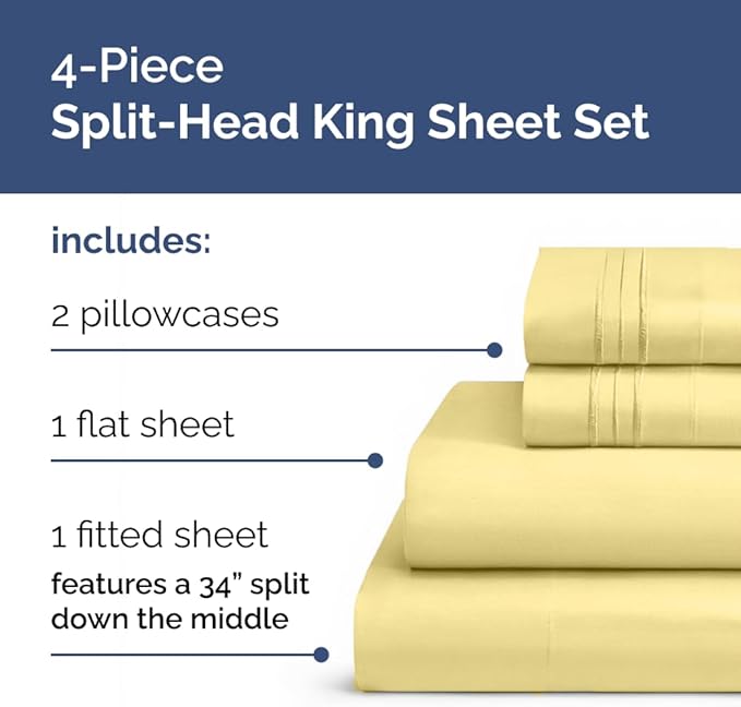 Split Head King Sheet Set – 4 Piece Flex Split Top King Sheets for Adjustable Beds - Fits 14” to 16" Mattress w/ Deep Pockets - Soft, Breathable & Cooling - Luxury Bedding and Wrinkle Free - Yellow