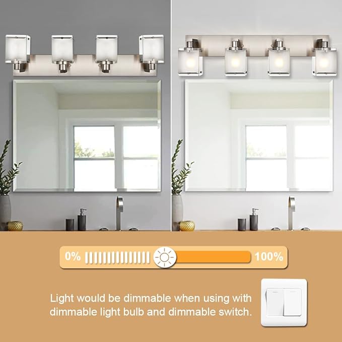WINSHEN 4-Lights Bathroom Light Fixtures Over Mirror, Brushed Nickel Vanity Wall Mounted Lighting with Frosted Glass for Kitchen Living Room, E26 Bulb Base