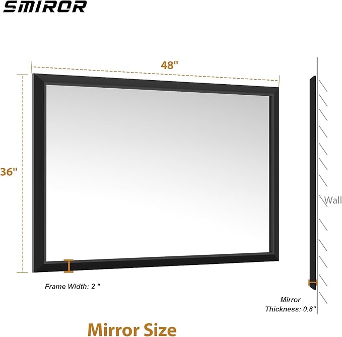 SMIROR Matte Black Bathroom Mirror for Over Sink 48x 36 inch, Metal Thick Frame Rectangle Vanity Mirror for Wall, Anti-Rust, Horizontally or Vertically Mounted