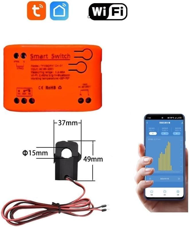 Tuya app WiFi Smart Energy Monitor, Single Phase Clamp Electricity Meter with 1 * 80ACT Current Transformer, Remote Monitor Meter Real-Time Electricity
