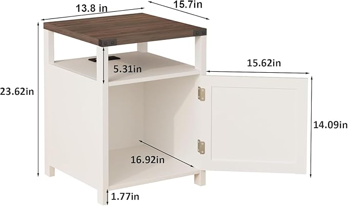 HOSEOKA Farmhouse Nightstand Set of 2 with Charging Station, Rustic End Table Bedroom with Storage Living Room Side Table White Night Stand Industrial Bedside Bed Table with USB Ports and Outlets