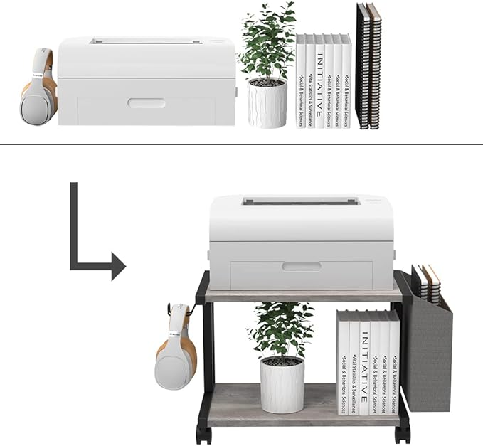 VEDECASA 2 Tier Vintage Greige Wooden Under Desk Printer Stand with Storage Bag for Home Office Desktop Printer Table Organizer Mobile Printer Shelf Cart with Caster Wheel