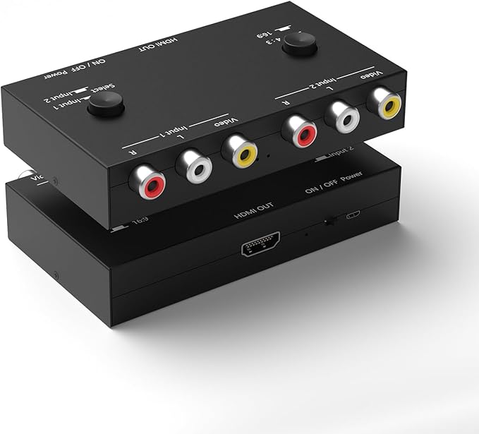 Dingsun 2 Port AV to HDMI Converter, RCA to HDMI Adapter Support 16:9/4:3 Compatible with WII, N64, PS2, VHS, VCR DVD Players etc